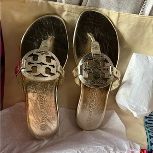 Tory Burch Metallic Gold Logo Thong Sandals